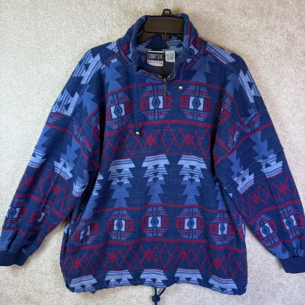Vtg County Seat Nuovo Fleece Pullover Wmns Small Blue Aztec Southwestern 1/4 Zip
